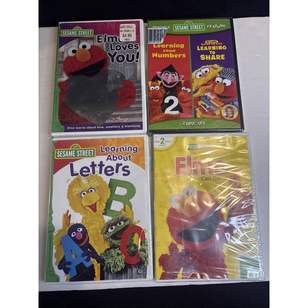 Sesame Street Elmo 4 DVD Lot Educational Children Films Learning Letters Numbers